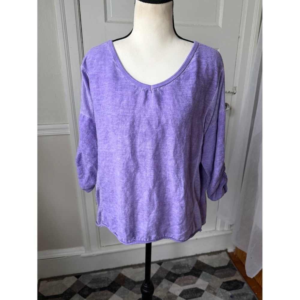Kaktus Linen Top Purple Relaxed Fit Boho Artsy Lagenlook Roll Tab Sleeves Lg - Picture 15 of 15